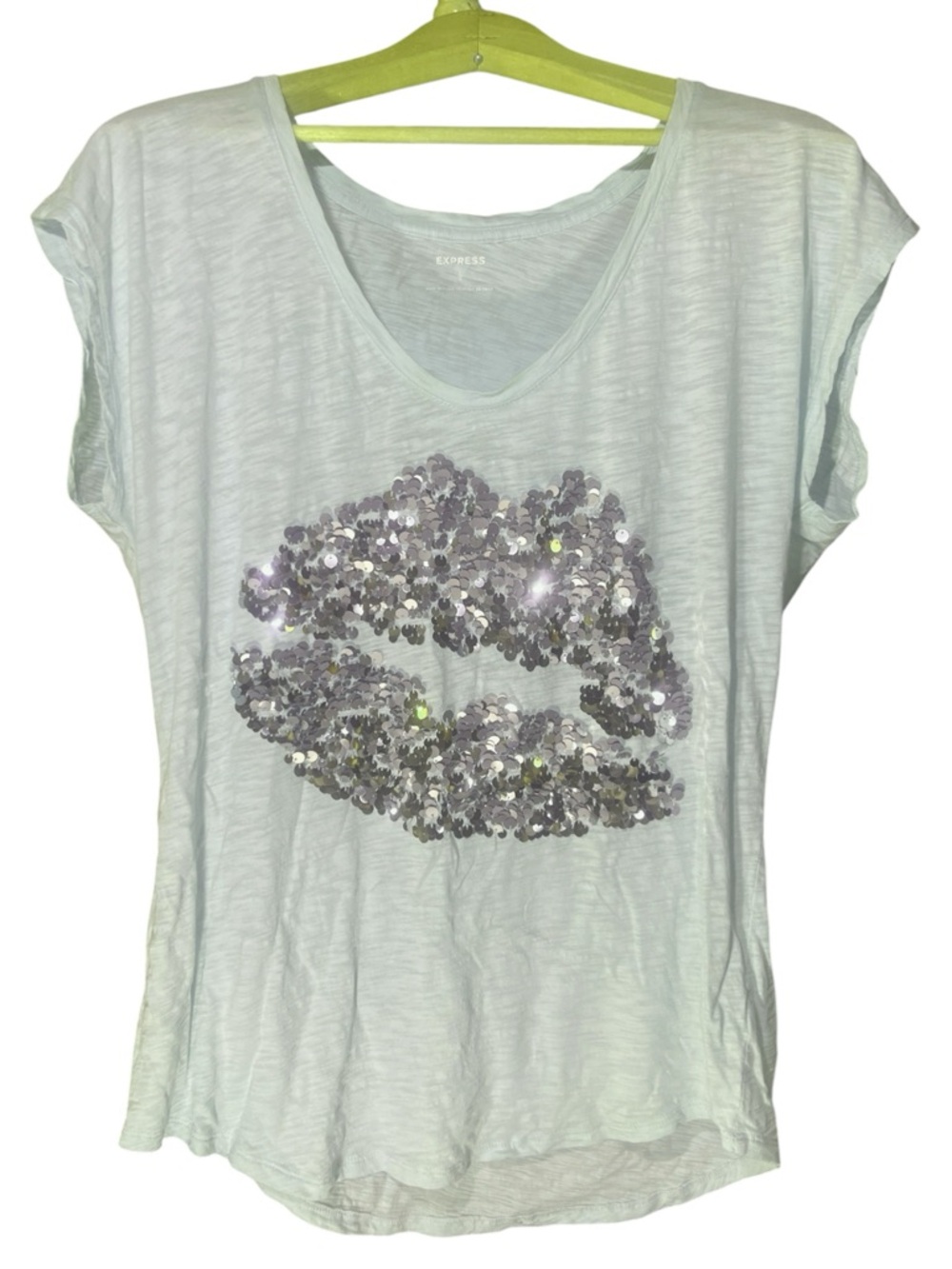 Y2K Express Sequin Lips Mint Sheer Graphic Tee